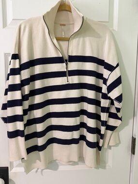Free People Navy and Cream Striped Half-Zip Sweater